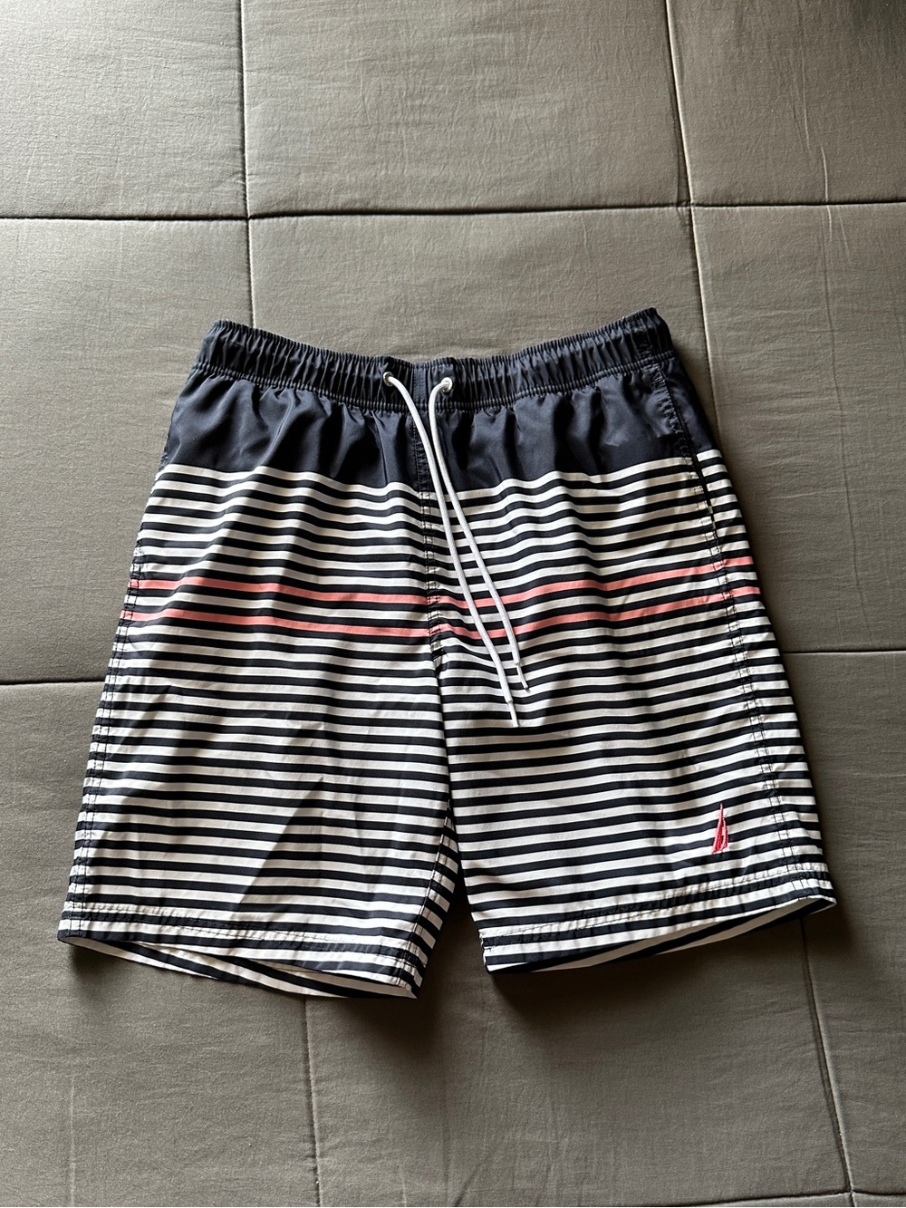 Nautica Men’s Navy & White Striped Swim Trunks with Red Accent